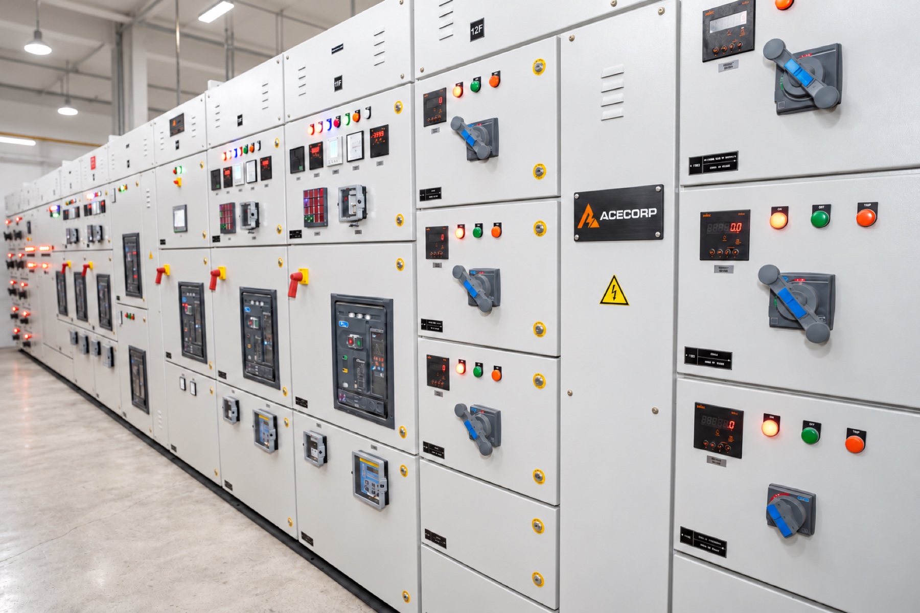 Acecorp M&C panel lineup with mounted Acecorp nameplate