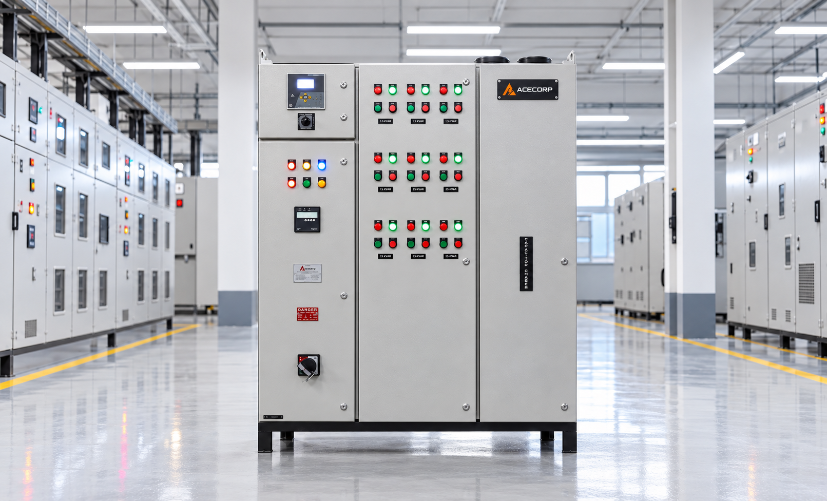 Acecorp automatic power factor correction panel with mounted Acecorp nameplate