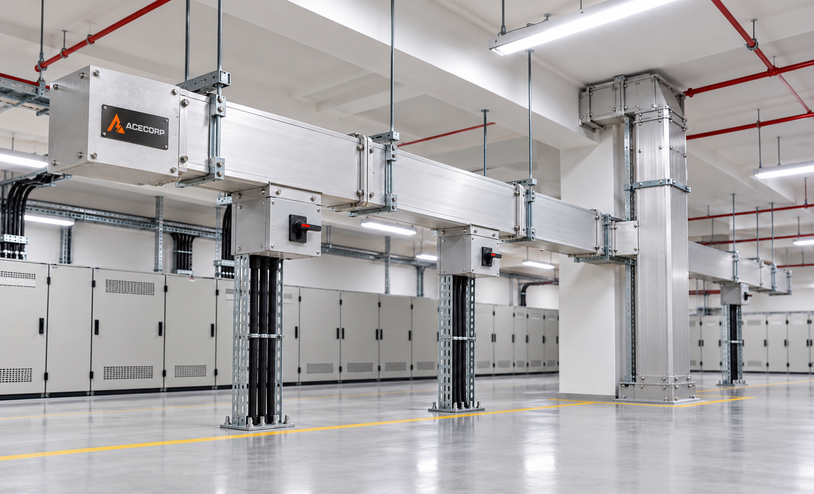 Acecorp aluminium busduct system with horizontal trunking and vertical riser