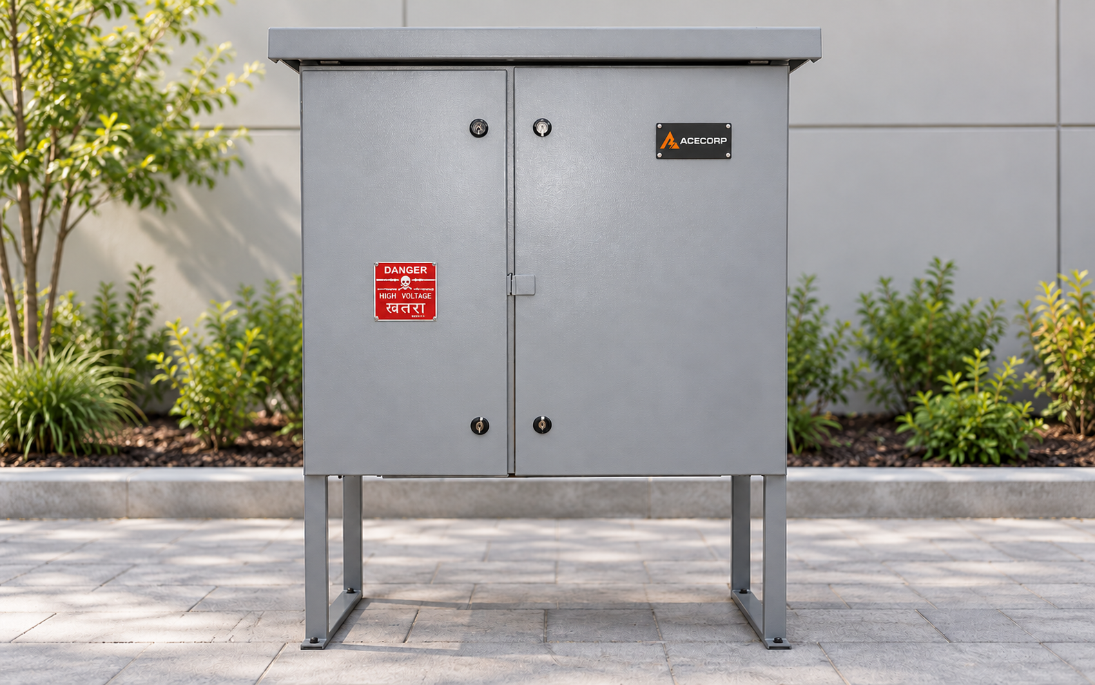 Closed Acecorp CCMS street-lighting control cabinet with standardized nameplate