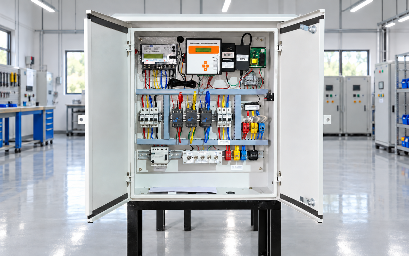 Open Acecorp CCMS cabinet showing its controller, meters, breakers and wiring