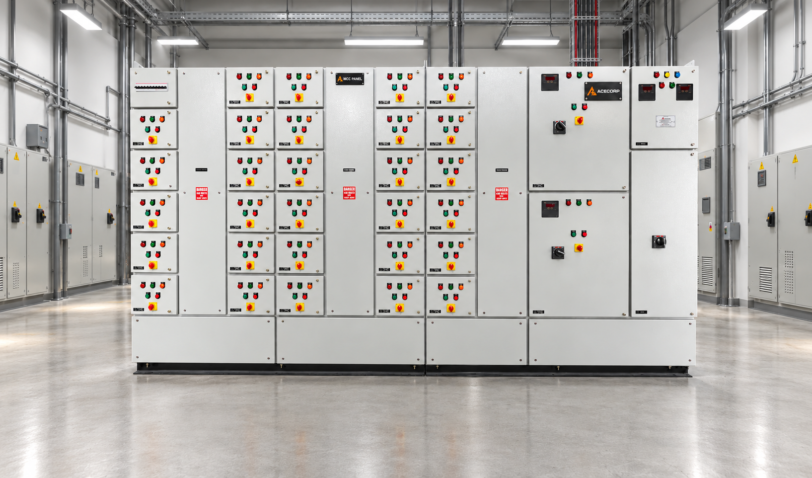 Full Acecorp motor control centre panel lineup with the complete enclosure visible