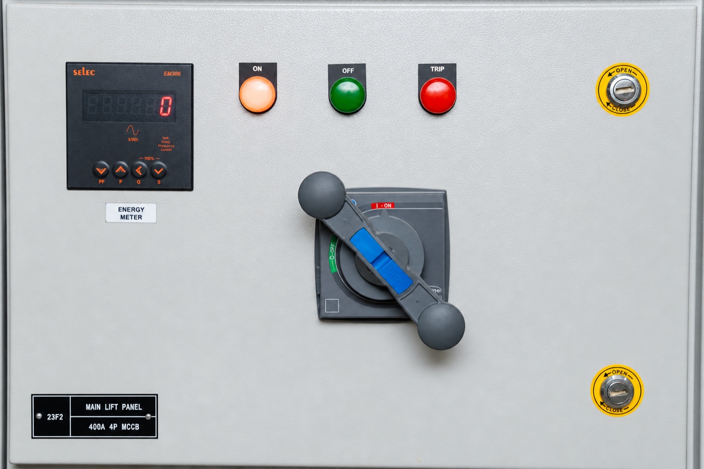 Close-up of an Acecorp control panel with meter, indicators and isolator